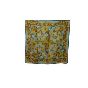 Vintage Blue Paisley Scarf 29x29 Square Yellow Green Retro Silk Look Wrap